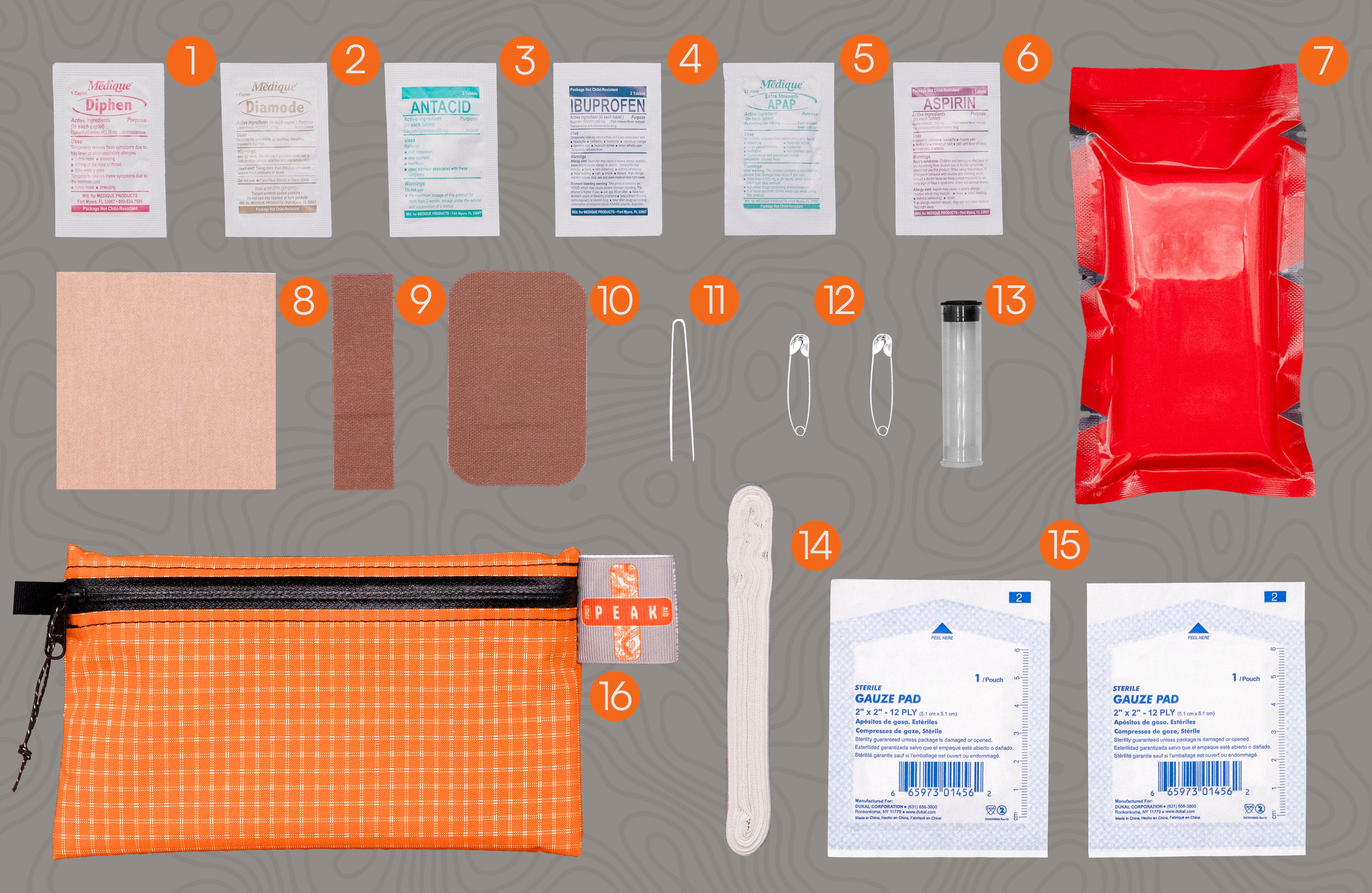 All the items in the peak first aid kit laid out flat